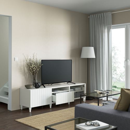 BESTÅ tv sehpası, beyaz, 180x42x48 cm, SUTTERVIKEN, çıt çıt raylı