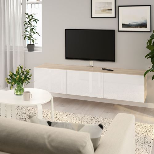 BESTÅ tv sehpası, ağartılmış meşe görünümlü-parlak cila-beyaz, 180x42x38 cm, SELSVIKEN