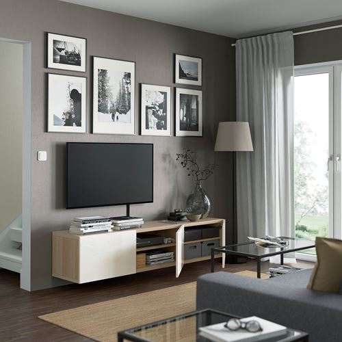 BESTÅ tv sehpası, ağartılmış meşe görünümlü-parlak cila-beyaz, 180x42x38 cm, SELSVIKEN