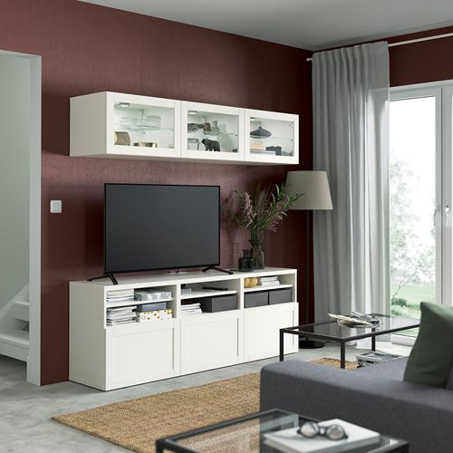 BESTÅ tv ünitesi, beyaz-şeffaf cam, 180x42x192 cm, HANVIKEN/SINDVIK, fren raylı