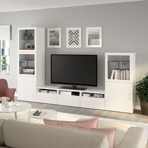 BESTÅ tv ünitesi, beyaz-şeffaf cam, 300x42x193 cm, LAPPVIKEN/SINDVIK, fren raylı