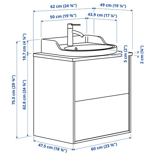 TÄNNFORSEN/TOLKEN/RUTSJÖN lavabo dolabı kombinasyonu, açık gri-beyaz mermer görünüm, 62x49x76 cm, VOXNAN batarya