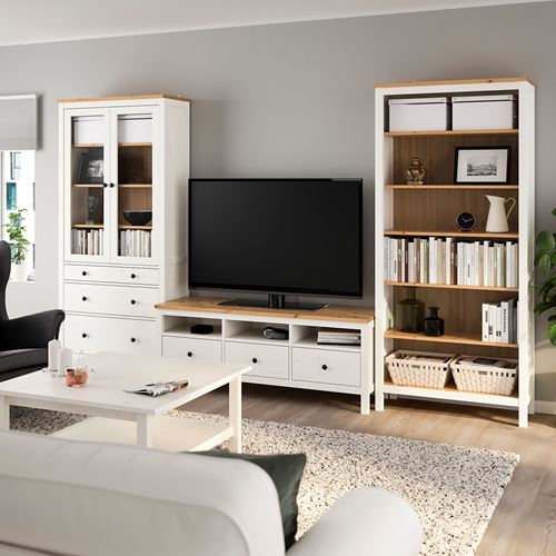 HEMNES tv ünitesi, beyaz vernik-açık kahverengi, 326x197 cm