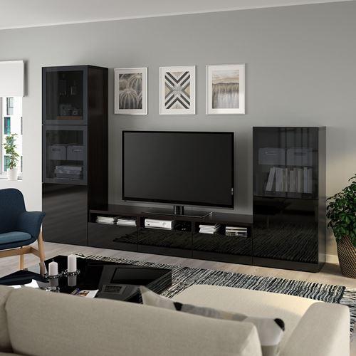 BESTÅ tv ünitesi, venge-parlak cila-siyah-füme cam, 300x42x193 cm, SELSVIKEN/GLASSVIK