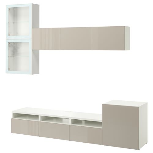 BESTÅ tv ünitesi, beyaz-parlak cila-bej, 300x42x211 cm, SELSVIKEN/GLASSVIK, çıt çıt raylı