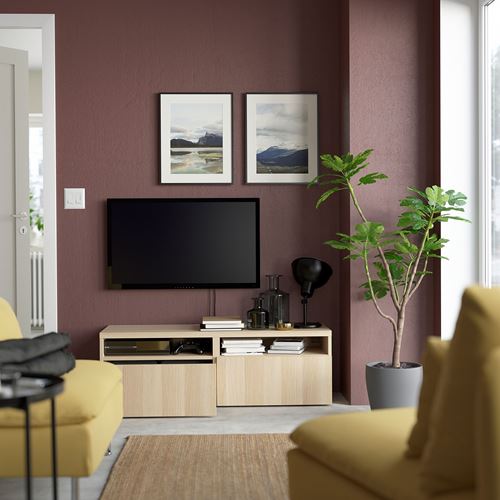 BESTÅ tv sehpası, ağartılmış meşe görünümlü, 120x42x39 cm, LAPPVIKEN, fren raylı