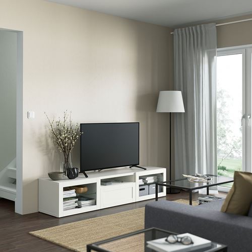 BESTÅ tv sehpası, beyaz-şeffaf cam, 180x42x39 cm, HANVIKEN/SINDVIK, çıt çıt raylı