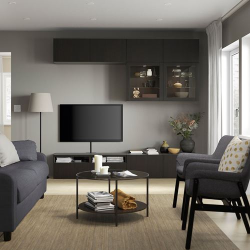 BESTÅ tv ünitesi, venge-siyah-kahverengi-şeffaf cam, 240x42x231 cm, LAPPVIKEN/SINDVIK, çıt çıt raylı