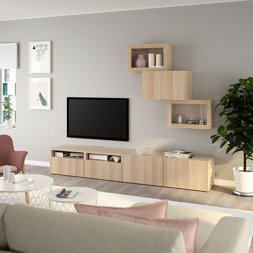 BESTÅ tv ünitesi, ağartılmış meşe görünümlü-beyaz meşe görünümlü-şeffaf cam, 240x42x190 cm, LAPPVIKEN/SINDVIK, çıt çıt raylı