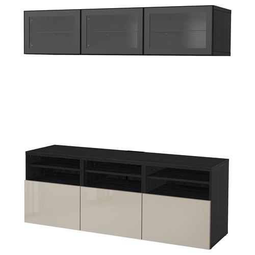 BESTÅ tv ünitesi, venge-parlak cila-bej-şeffaf cam, 180x42x192 cm, SELSVIKEN/GLASSVIK, fren raylı