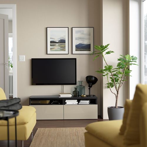 BESTÅ tv sehpası, venge-parlak cila-bej, 120x42x39 cm, SELSVIKEN, çıt çıt raylı