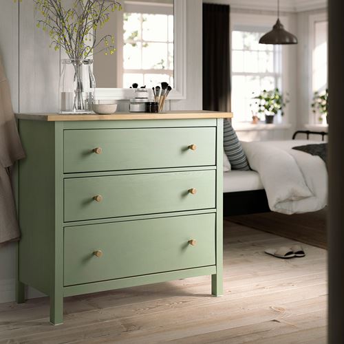 HEMNES 3 çekmeceli şifonyer, gri-yeşil-açık kahverengi, 108x96 cm