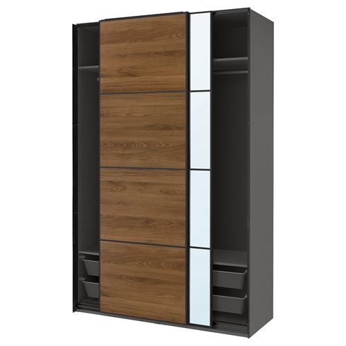 PAX/MEHAMN/AULI PAX sürgü kapaklı gardırop, koyu gri-siyah-ceviz-aynalı cam, 150x66x236 cm