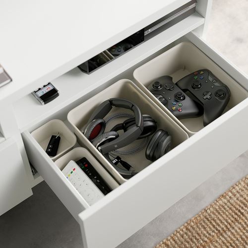 BESTÅ tv sehpası, ağartılmış meşe görünümlü, 120x42x48 cm, HANVIKEN, çıt çıt raylı