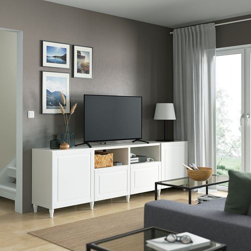 BESTÅ tv sehpası, beyaz, 240x42x74 cm, SMEVIKEN, çıt çıt raylı