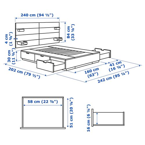 NORDLI çift kişilik baza seti, beyaz, 160x200 cm, 6 çekmeceli