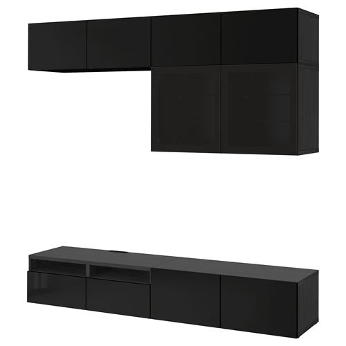 BESTÅ tv ünitesi, venge-parlak cila-siyah-füme cam, 240x42x231 cm, SELSVIKEN/GLASSVIK, fren raylı