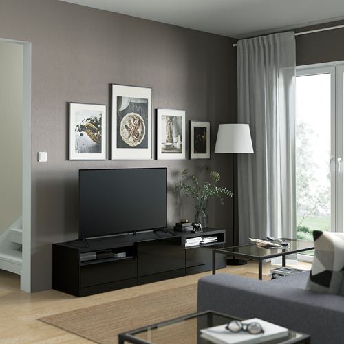 BESTÅ tv sehpası, venge-parlak cila-siyah, 180x42x39 cm, SELSVIKEN, çıt çıt raylı