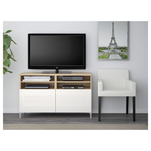 BESTÅ tv sehpası, ağartılmış meşe görünümlü-parlak cila-beyaz, 120x40x74 cm, SELSVIKEN
