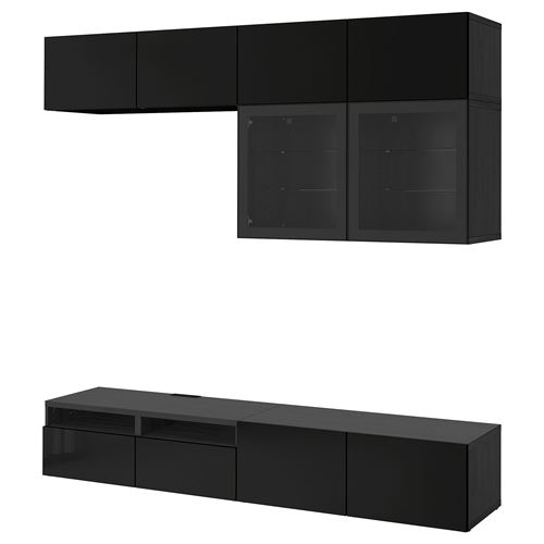 BESTÅ tv ünitesi, venge-parlak cila-siyah-şeffaf cam, 240x42x231 cm, SELSVIKEN/GLASSVIK, fren raylı