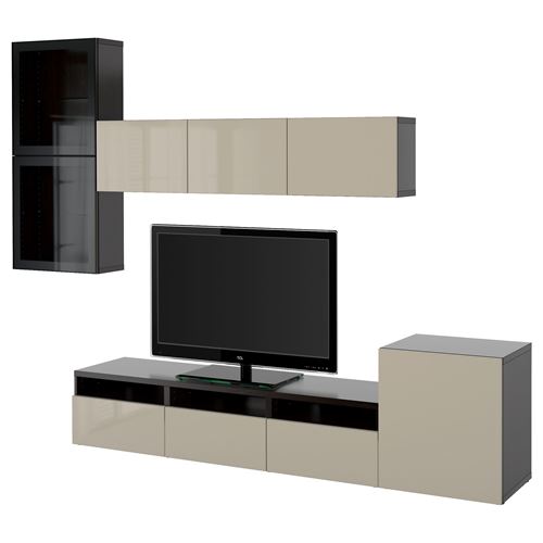 BESTÅ tv ünitesi, venge-parlak cila-bej-şeffaf cam, 300x42x211 cm, SELSVIKEN/GLASSVIK, fren raylı