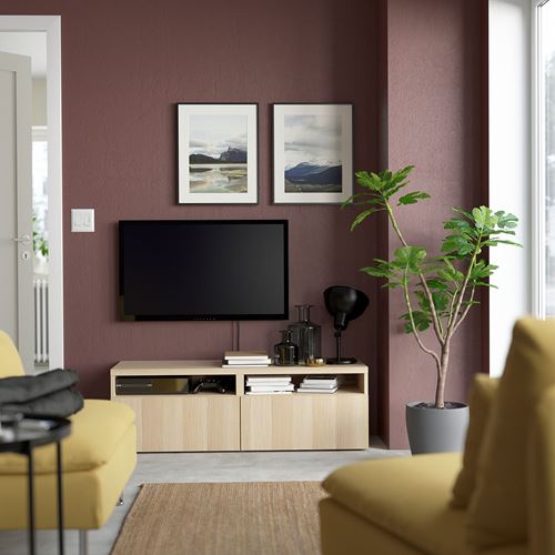 BESTÅ tv sehpası, ağartılmış meşe görünümlü, 120x42x39 cm, LAPPVIKEN, fren raylı