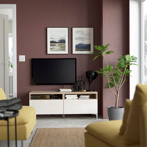 BESTÅ tv sehpası, ağartılmış meşe görünümlü-parlak cila-beyaz, 120x42x48 cm, SELSVIKEN, çıt çıt raylı