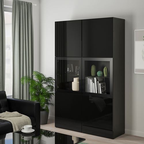 BESTÅ dolap kombinasyonu, venge-siyah-şeffaf cam, 120x42x193 cm, SELSVIKEN/GLASSVIK