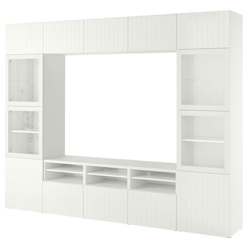 BESTÅ tv ünitesi, beyaz-şeffaf cam, 300x42x231 cm, SUTTERVIKEN/SINDVIK, fren raylı