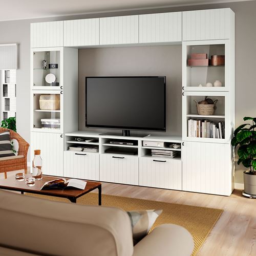 BESTÅ tv ünitesi, beyaz-şeffaf cam, 300x42x231 cm, SUTTERVIKEN/SINDVIK, fren raylı