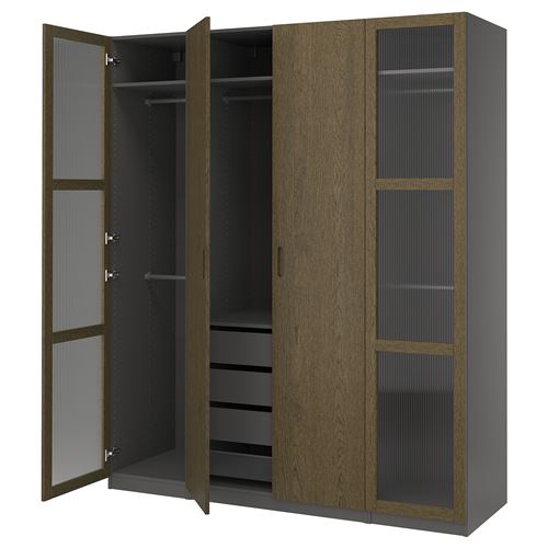 PAX/TONSTAD PAX gardırop, koyu gri kahverengi-meşe kaplama cam, 200x60x236 cm