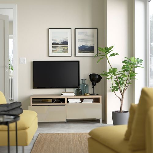 BESTÅ tv sehpası, ağartılmış meşe görünümlü-parlak cila-bej, 120x40x48 cm, SELSVIKEN, fren raylı