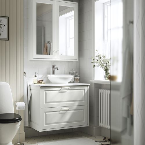 TÄNNFORSEN/TOLKEN/VÄSTERSJÖN lavabo dolabı kombinasyonu, beyaz-beyaz mermer görünüm, 82x49x79 cm, VOXNAN batarya
