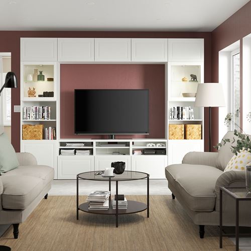 BESTÅ tv ünitesi, beyaz-şeffaf cam, 300x42x231 cm, SMEVIKEN/OSTVIK, çıt çıt raylı