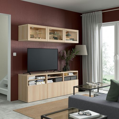 BESTÅ tv ünitesi, ağartılmış meşe görünümlü-beyaz meşe görünümlü-şeffaf cam, 180x42x192 cm, LAPPVIKEN/SINDVIK, fren raylı