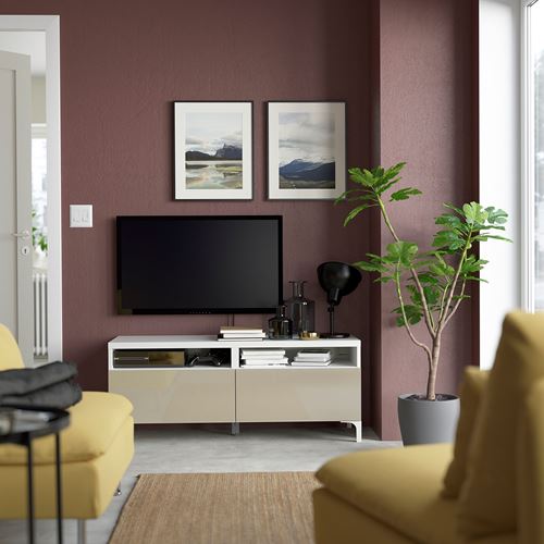 BESTÅ tv sehpası, beyaz-parlak cila-bej, 120x42x48 cm, SELSVIKEN, çıt çıt raylı