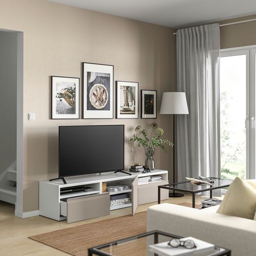 BESTÅ tv sehpası, beyaz-bej, 180x42x39 cm, HAMMARSMED, fren raylı