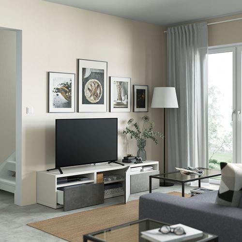 BESTÅ tv sehpası, beyaz-koyu gri, 180x42x39 cm, KALLVIKEN, çıt çıt raylı