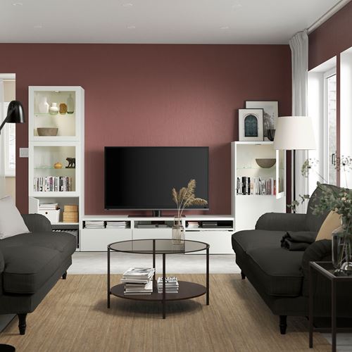 BESTÅ tv ünitesi, beyaz-şeffaf cam, 300x42x193 cm, LAPPVIKEN/SINDVIK, fren raylı