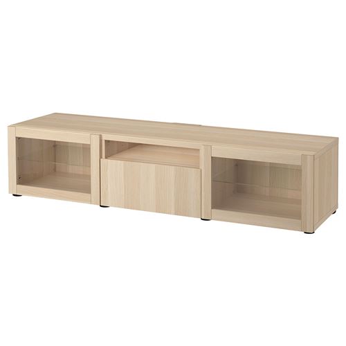 BESTÅ tv sehpası, ağartılmış meşe görünümlü-beyaz meşe görünümlü-şeffaf cam, 180x42x39 cm, LAPPVIKEN/SINDVIK, çıt çıt raylı