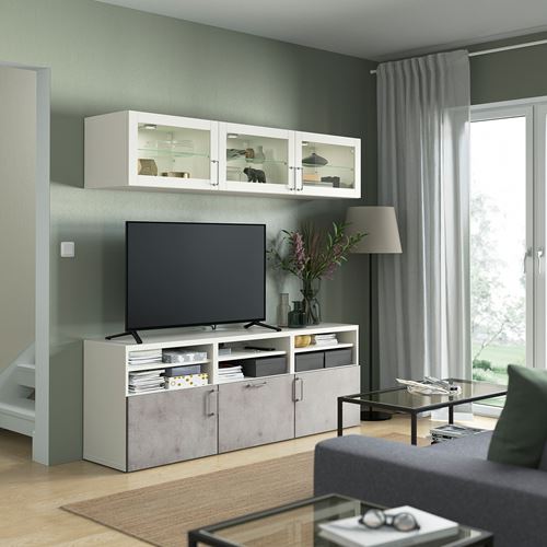 BESTÅ tv ünitesi, beyaz-açık gri, 180x42x192 cm, KALLVIKEN/SINDVIK, çıt çıt raylı