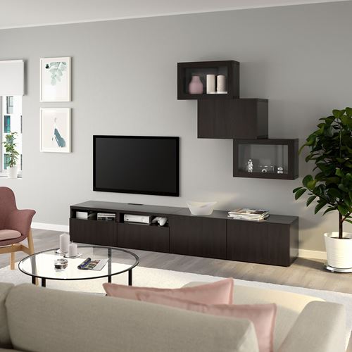 BESTÅ tv ünitesi, venge-siyah-kahverengi-şeffaf cam, 240x42x190 cm, LAPPVIKEN/SINDVIK, fren raylı