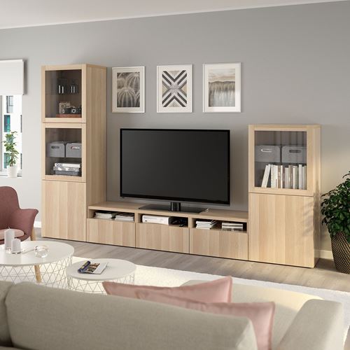 BESTÅ tv ünitesi, ağartılmış meşe görünümlü-beyaz meşe görünümlü-şeffaf cam, 300x42x193 cm, LAPPVIKEN/SINDVIK, fren raylı