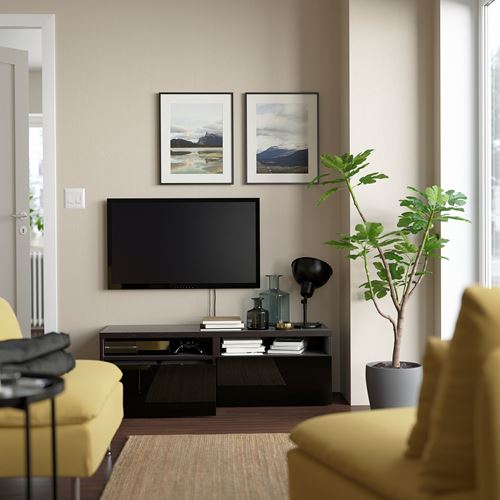 BESTÅ tv sehpası, venge-parlak cila-siyah, 120x42x39 cm, SELSVIKEN, çıt çıt raylı