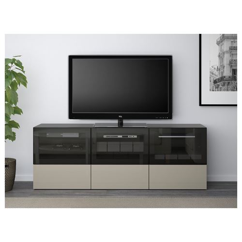 BESTÅ tv sehpası, venge-parlak cila-bej-şeffaf cam, 180x40x64 cm, SELSVIKEN/GLASSVIK, fren raylı