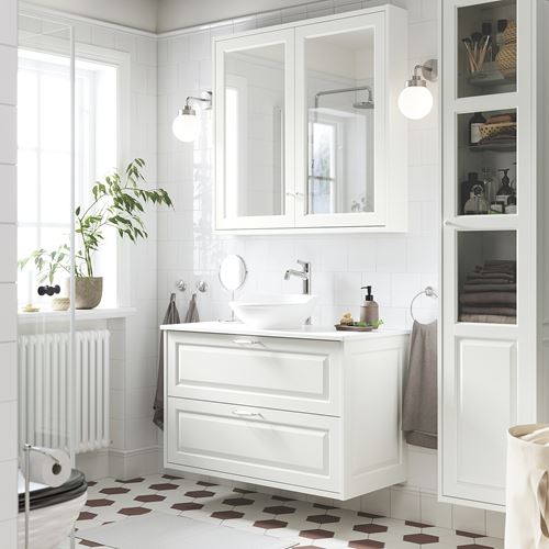 TÄNNFORSEN/TOLKEN/VÄSTERSJÖN lavabo dolabı kombinasyonu, beyaz-beyaz mermer görünüm, 102x49x79 cm, VOXNAN batarya