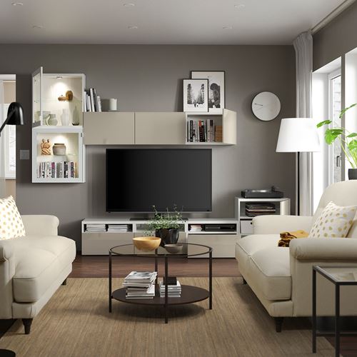 BESTÅ tv ünitesi, beyaz-parlak cila-bej, 300x42x211 cm, SELSVIKEN/GLASSVIK, çıt çıt raylı