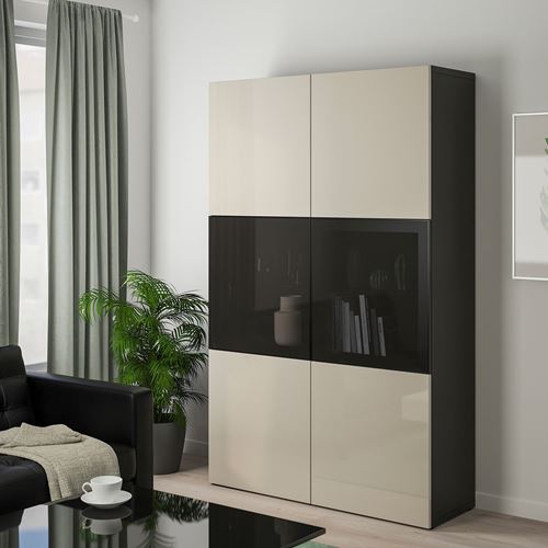 BESTÅ dolap kombinasyonu, venge-parlak cila-bej-füme cam, 120x42x193 cm, SELSVIKEN/GLASSVIK