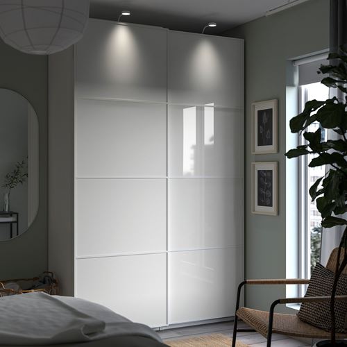 PAX/FÄRVIK PAX sürgü kapaklı gardırop, beyaz cam, 150x66x236 cm