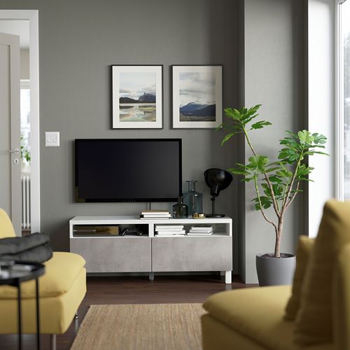 BESTÅ tv sehpası, beyaz-açık gri, 120x42x48 cm, KALLVIKEN, fren raylı
